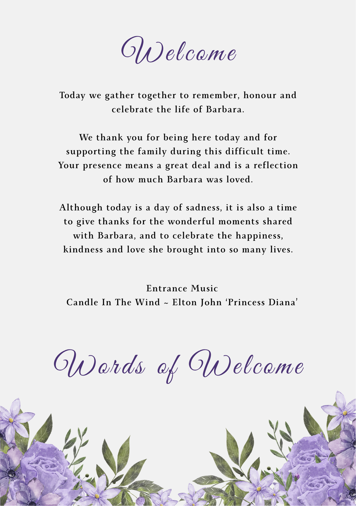 Order of service welcome page