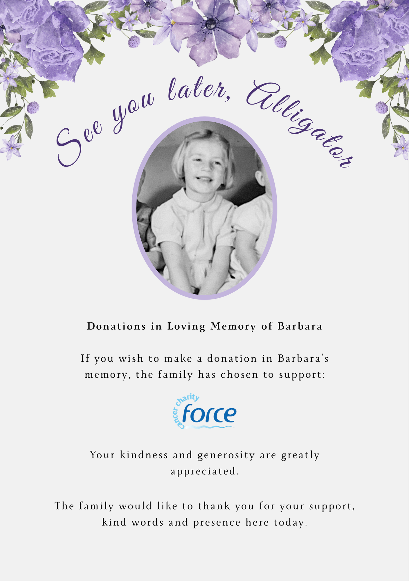 Order of service thank you and donations page